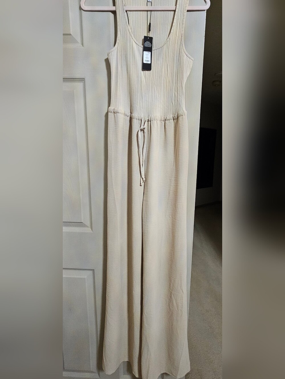 Sleeveless Ribbed Drawstring Jumpsuit in Cream